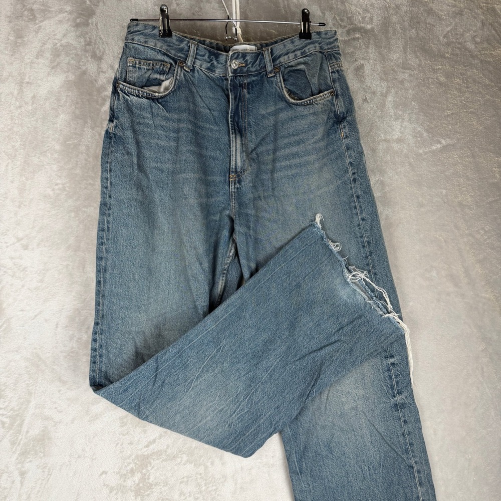 Zara High Waisted Straight Leg Blue Jeans Raw Hem USA 10 Medium Wash